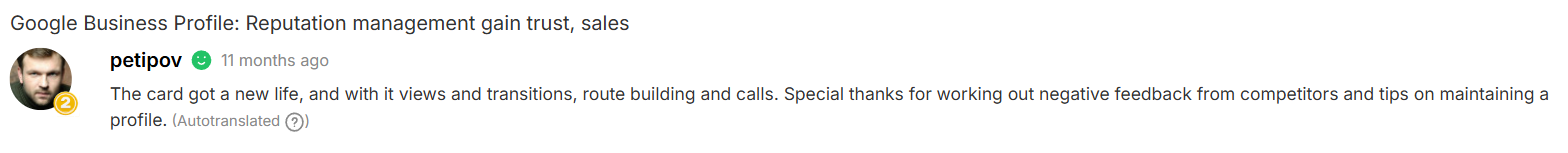 The card got a new life, and with it views and transitions, route building and calls. Special thanks for working out negative feedback from competitors and tips on maintaining a profile.